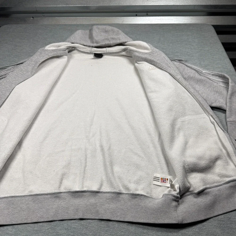Adidas Hoodie Mens L Gray Full Zip 3-Stripe Metallic Silver Logo Fleece 25x31‎